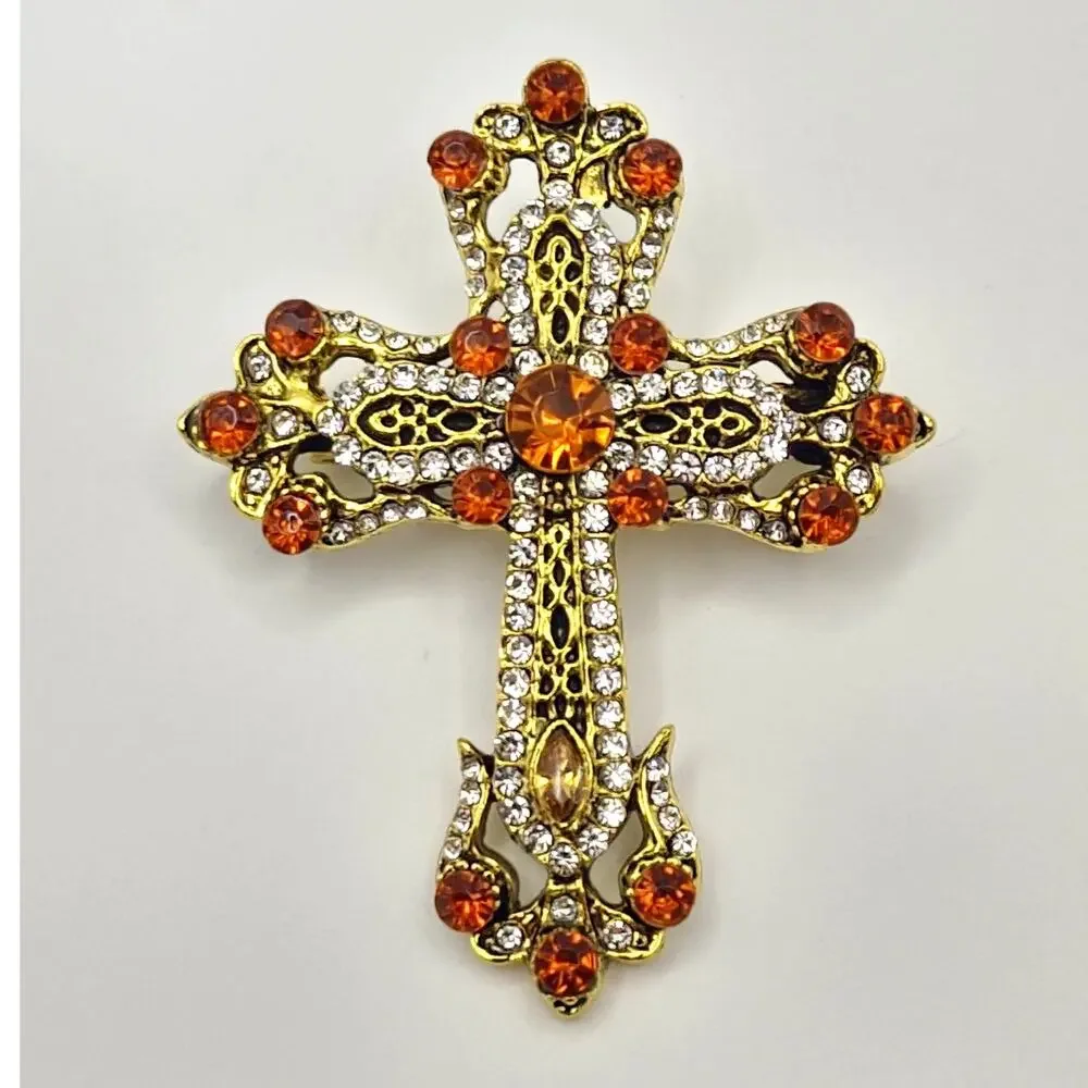 Ornate Rhinestone Cross Brooch Amber & Clear Rhinestones Beautiful